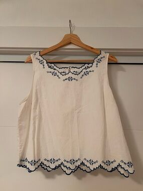 Maeve White Tank with Navy Embroidered Trim